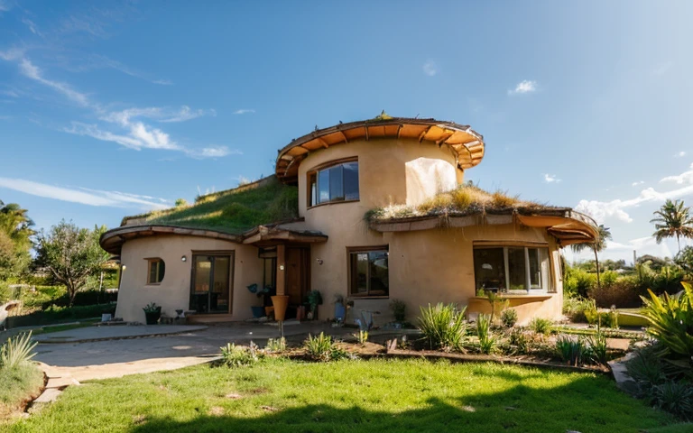 A photograph of a symmetrical contemporary house with (((one hyperbolic paraboloid green roof))) and (((biological pool))) and ((base wall foundation)) in a tropical backyard, with high roof and long eaves, mustard yellow terracota plaster walls (((rustic clay stucco))), ((corner walls rounded)), ((rustic clay plaster)), (((terracotta walls with rounded corners, organic curves))), (((rustic earth plaster, mud))), (((hyperbolic-shaped green roof with wooden edge))), (((wooden roof structure, wooden rake, wooden fascia board))), eaves, ((roof with wooden structure)), In Bahia (((tropical garden))), ((natural houses, organic buildings, organic architecture)), ecovillage, sustainable architecture, bioconstruction architecture, solarpunk architecture, (((grass roof, green roof, green wave roof, rounded roof, vegetated roofs))), (((rock base foundation wall, foundation height 30cm, stone base wall 30cm high))), ((green architecture)), passive house, clear sky in the background, painful beauty, modern, imposing, green house, ((Bali hobbit Hadid Style)), super resolution, cinematic, color grading, editorial photography, photography, photo shoot, (((dramatic front eye top angle view))), O 50mm, depth of field, intricate details, natural colors, sharp focus, warm light, shutter speed 1/1000, F/22, White Balance, Ray Trace Reflections, Lumen Reflections, Screen Space Reflections, Diffraction Rating, Chromatic Aberration, GB Shift, Partial Lighting, Backlighting, Daylighting, Scan Lines, ambient occlusion, antialiasing, shaders, OpenGL-Shaders, GLSL-Shaders, Post-processing, post-production, shading, tone mapping, incredibly detailed and complex, hypermaximalist, elegant, hyperrealistic, super detailed, dynamic pose, Fujifilm XT