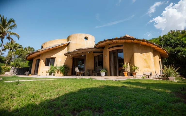 A photograph of a symmetrical contemporary house with (((one hyperbolic paraboloid green roof))) and (((biological pool))) and ((base wall foundation)) in a tropical backyard, with high roof and long eaves, mustard yellow terracota plaster walls (((rustic clay stucco))), ((corner walls rounded)), ((rustic clay plaster)), (((terracotta walls with rounded corners, organic curves))), (((rustic earth plaster, mud))), (((hyperbolic-shaped green roof with wooden edge))), (((wooden roof structure, wooden rake, wooden fascia board))), eaves, ((roof with wooden structure)), In Bahia (((tropical garden))), ((natural houses, organic buildings, organic architecture)), ecovillage, sustainable architecture, bioconstruction architecture, solarpunk architecture, (((grass roof, green roof, green wave roof, rounded roof, vegetated roofs))), (((rock base foundation wall, foundation height 30cm, stone base wall 30cm high))), ((green architecture)), passive house, clear sky in the background, painful beauty, modern, imposing, green house, ((Bali hobbit Hadid Style)), super resolution, cinematic, color grading, editorial photography, photography, photo shoot, (((dramatic front eye top angle view))), O 50mm, depth of field, intricate details, natural colors, sharp focus, warm light, shutter speed 1/1000, F/22, White Balance, Ray Trace Reflections, Lumen Reflections, Screen Space Reflections, Diffraction Rating, Chromatic Aberration, GB Shift, Partial Lighting, Backlighting, Daylighting, Scan Lines, ambient occlusion, antialiasing, shaders, OpenGL-Shaders, GLSL-Shaders, Post-processing, post-production, shading, tone mapping, incredibly detailed and complex, hypermaximalist, elegant, hyperrealistic, super detailed, dynamic pose, Fujifilm XT