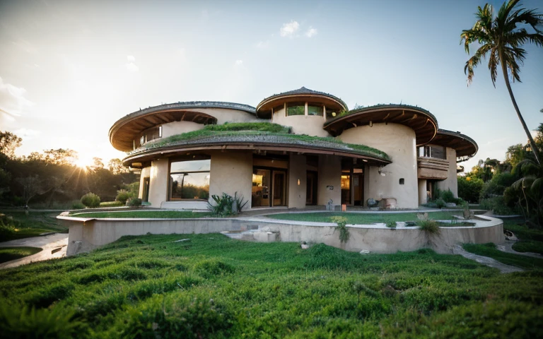 A photograph of a symmetrical contemporary house with (((one hyperbolic paraboloid green roof))) and (((biological pool))) and ((base wall foundation)) in a tropical backyard, with high roof and long eaves, mustard yellow terracota plaster walls (((rustic clay stucco))), ((corner walls rounded)), ((rustic clay plaster)), (((terracotta walls with rounded corners, organic curves))), (((rustic earth plaster, mud))), (((hyperbolic-shaped green roof with wooden edge))), (((wooden roof structure, wooden rake, wooden fascia board))), eaves, ((roof with wooden structure)), In Bahia (((tropical garden))), ((natural houses, organic buildings, organic architecture)), ecovillage, sustainable architecture, bioconstruction architecture, solarpunk architecture, (((grass roof, green roof, green wave roof, rounded roof, vegetated roofs))), (((rock base foundation wall, foundation height 30cm, stone base wall 30cm high))), ((green architecture)), passive house, clear sky in the background, painful beauty, modern, imposing, green house, ((Bali hobbit Hadid Style)), super resolution, cinematic, color grading, editorial photography, photography, photo shoot, (((dramatic front eye top angle view))), O 50mm, depth of field, intricate details, natural colors, sharp focus, warm light, shutter speed 1/1000, F/22, White Balance, Ray Trace Reflections, Lumen Reflections, Screen Space Reflections, Diffraction Rating, Chromatic Aberration, GB Shift, Partial Lighting, Backlighting, Daylighting, Scan Lines, ambient occlusion, antialiasing, shaders, OpenGL-Shaders, GLSL-Shaders, Post-processing, post-production, shading, tone mapping, incredibly detailed and complex, hypermaximalist, elegant, hyperrealistic, super detailed, dynamic pose, Fujifilm XT