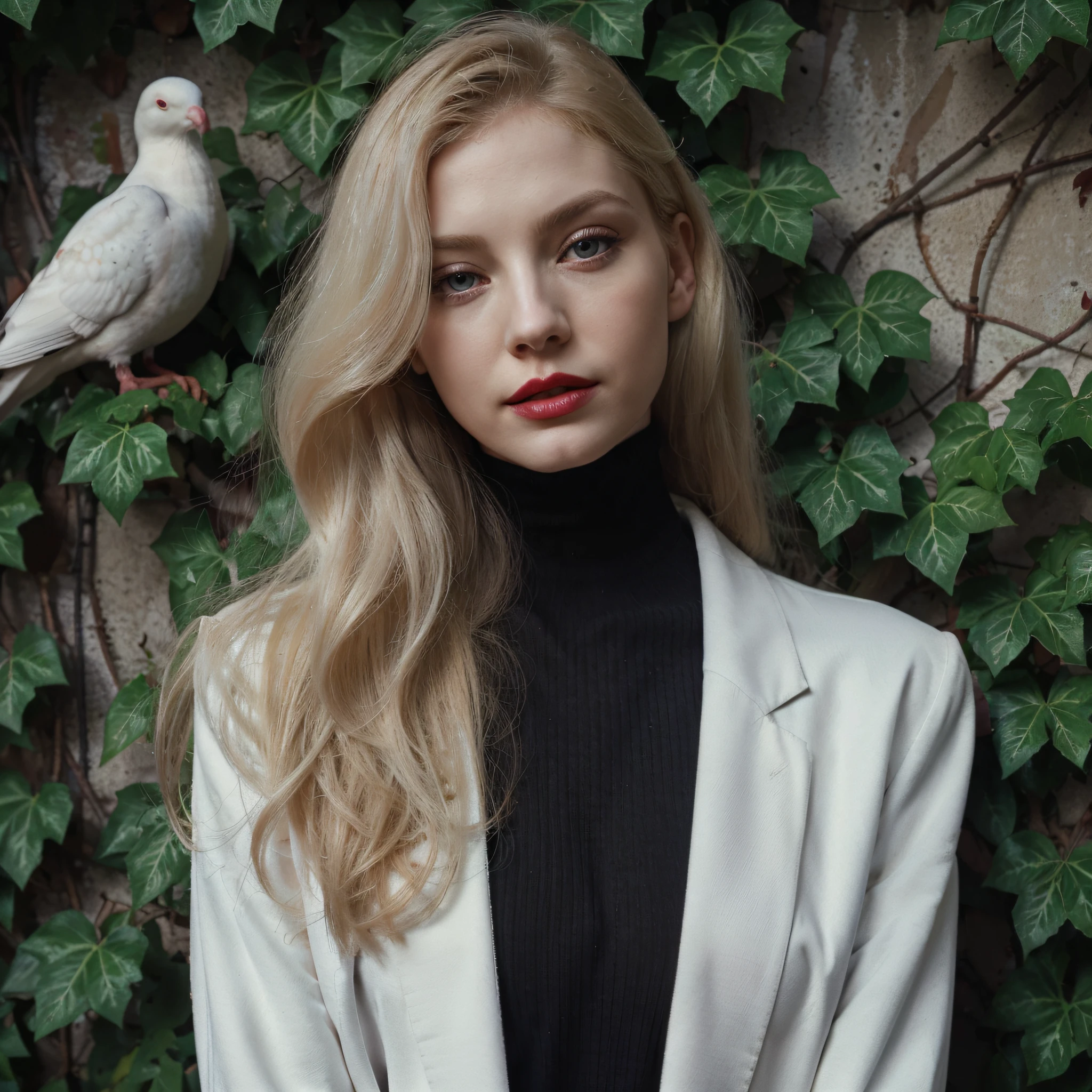 Photo of a pale adult woman wearing a white blazer over a black turtleneck shirt. She has long blonde hair and bright crimson red lips. Backdrop is a wall of ivy, a few tendrils of which are around her. There is a dove perched in the ivy, looking at the woman. Photorealistic. Kodak Portra style.