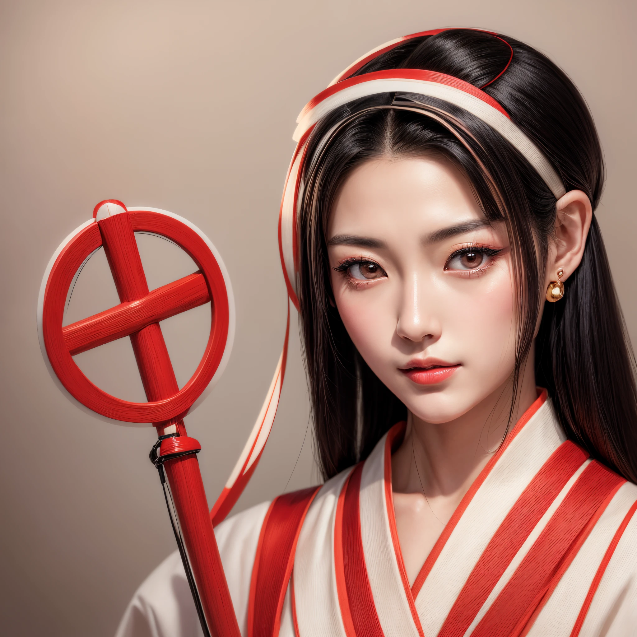 A beautiful Japanese woman, with full lips, silky skin, beautiful eyes, black hair, wearing a bow on her head, wearing earrings, and wearing a white kimono with a red lapel, is posing next to a stick with a cross, beautiful Asian hyperrealistic, beautiful photorealistic digital art, a beautiful geisha beautiful with intricate details.