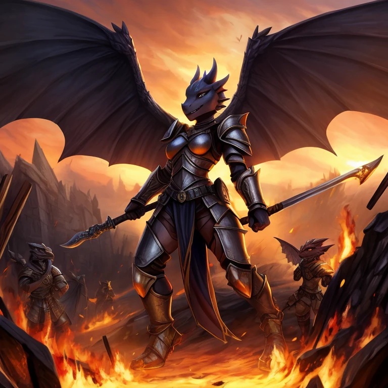 female, black kobold, short, small breasts, thin body, light armor, wings spread, holding mace, fighting war, burning field, dusk masterpiece, fantasy, high quality,