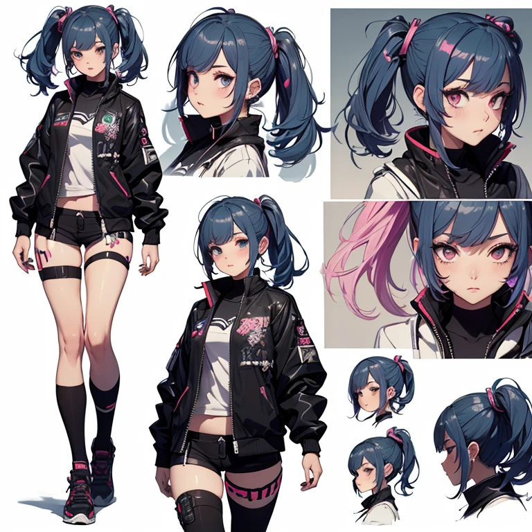((Masterpiece, Highest quality)), Detailed face, ((CharacterDesignSheet)), full bodyesbian, Full of details, Multiple poses and expressions, Highly detailed, Depth, ((beautiful Cyberpunk girl)),dressed in ((Harajuku street clothes, tech jacket)) double-ponytail,((colorful Cyberpunk hairstyle)), extremely beautiful,High Balance, Natural light
