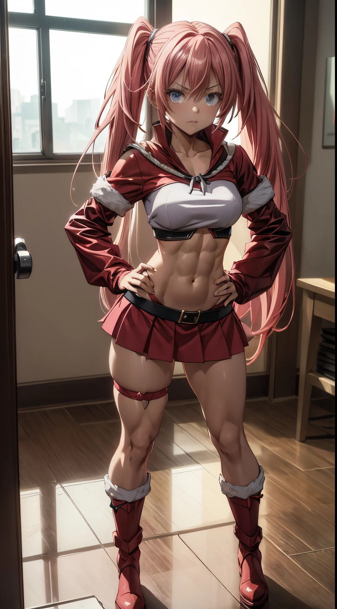 (((1 girl))), wearing Santa Claus hat, (Milim Nava de tensei shitara slime), (pink hair twintails), (blue eyes), medium chest, (((wearing a sexy red Santa Claus outfit with a beautiful short skirt))), (((full body view))), (in a motel room), (((beautiful, muscular legs))), thin waist, muscles on the abdomen, full body photo, red high heel shoes, hands on hips, (grumpy), (((grumpy))), (HDR) , eye reflection, outstretched eyes, outstretched eyes, Moody, anime, minimalism, anime style, ray tracing , cinematic lighting, cinematic lighting, glare, shine, JPEG artifacts, bright light, divine rays, ray tracing, drop shadow, panorama, Sony FE, from behind, underneath, underneath, UHD, master piece, precise, accurate , anatomically correct, super detailed, high quality, best quality, very high, 16k