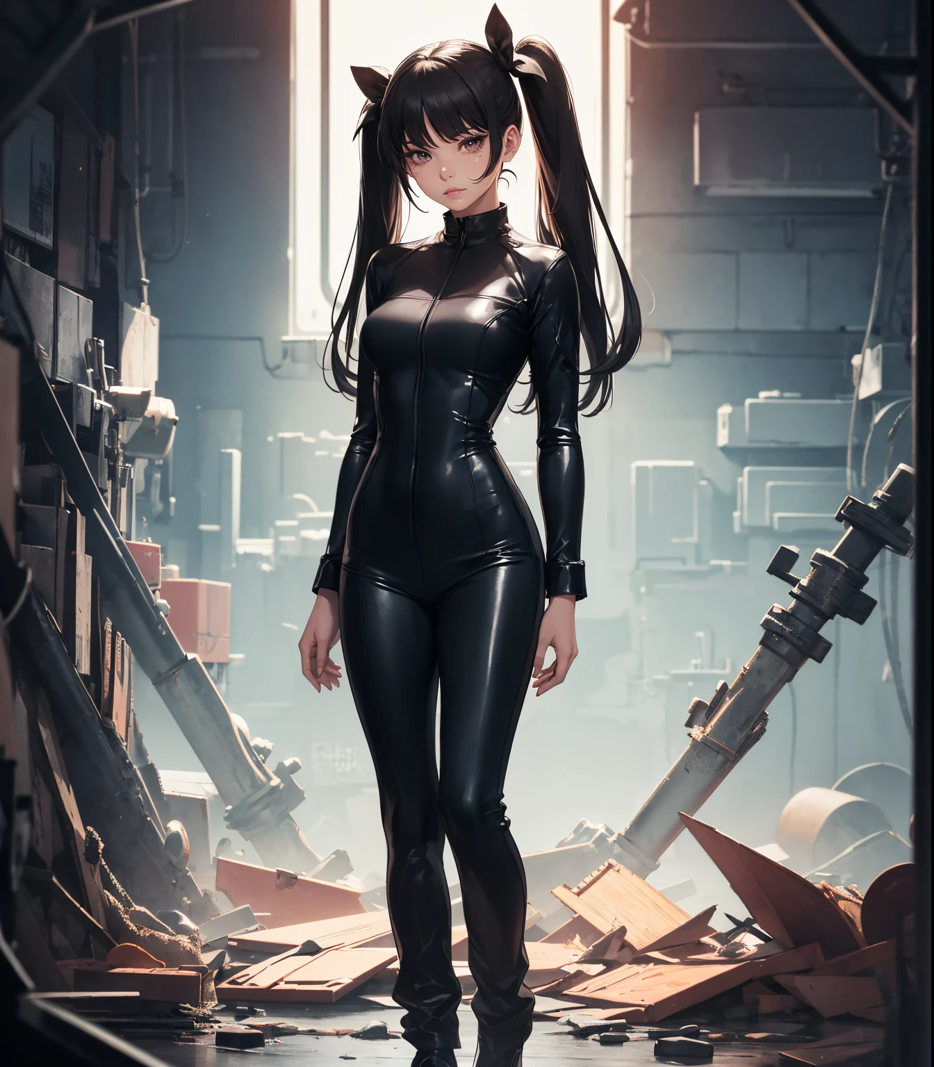 (masterpiece, best quality), beautiful woman, 23 years, soft light, black jumpsuit, silver sequin, glitter, cleveage, long hair, long twintails, hairbows, black hair, alluring, big georgeous eyes, soft smile, perfect slim fit body, realistic background, empty apartment, standing, realistic background, bright colors, (risograph), full body shot, fullbody, medium breasts, solo, cleveage, sexy