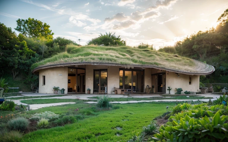A photograph of a symmetrical contemporary house with rock foundation and (((one hyperbolic paraboloid green roof))) and (((biological pool))) and ((base wall foundation)) in a tropical backyard, with high roof and long eaves, mustard yellow terracota plaster walls (((rustic clay stucco))), ((corner walls rounded)), ((rustic clay plaster)), (((terracotta walls with rounded corners, organic curves))), (((rustic earth plaster, mud))), (((hyperbolic-shaped green roof with wooden edge))), (((wooden roof structure, wooden rake, wooden fascia board))), eaves, ((roof with wooden structure)), In Bahia (((tropical garden))), ((natural houses, organic buildings, organic architecture)), ecovillage, sustainable architecture, bioconstruction architecture, solarpunk architecture, (((grass roof, green roof, green wave roof, rounded roof, vegetated roofs))), (((rock base foundation wall, foundation height 30cm, stone base wall 30cm high))), ((green architecture)), passive house, clear sky in the background, painful beauty, modern, imposing, green house, ((Bali hobbit Hadid Style)), super resolution, cinematic, color grading, editorial photography, photography, photo shoot, (((dramatic front eye top angle view))), O 50mm, depth of field, intricate details, natural colors, sharp focus, warm light, shutter speed 1/1000, F/22, White Balance, Ray Trace Reflections, Lumen Reflections, Screen Space Reflections, Diffraction Rating, Chromatic Aberration, GB Shift, Partial Lighting, Backlighting, Daylighting, Scan Lines, ambient occlusion, antialiasing, shaders, OpenGL-Shaders, GLSL-Shaders, Post-processing, post-production, shading, tone mapping, incredibly detailed and complex, hypermaximalist, elegant, hyperrealistic, super detailed, dynamic pose, Fujifilm XT