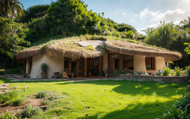 A photograph of a symmetrical contemporary house with rock foundation and (((one hyperbolic paraboloid green roof))) and (((biological pool))) and ((base wall foundation)) in a tropical backyard, with high roof and long eaves, mustard yellow terracota plaster walls (((rustic clay stucco))), ((corner walls rounded)), ((rustic clay plaster)), (((terracotta walls with rounded corners, organic curves))), (((rustic earth plaster, mud))), (((hyperbolic-shaped green roof with wooden edge))), (((wooden roof structure, wooden rake, wooden fascia board))), eaves, ((roof with wooden structure)), In Bahia (((tropical garden))), ((natural houses, organic buildings, organic architecture)), ecovillage, sustainable architecture, bioconstruction architecture, solarpunk architecture, (((grass roof, green roof, green wave roof, rounded roof, vegetated roofs))), (((rock base foundation wall, foundation height 30cm, stone base wall 30cm high))), ((green architecture)), passive house, clear sky in the background, painful beauty, modern, imposing, green house, ((Bali hobbit Hadid Style)), super resolution, cinematic, color grading, editorial photography, photography, photo shoot, (((dramatic front eye top angle view))), O 50mm, depth of field, intricate details, natural colors, sharp focus, warm light, shutter speed 1/1000, F/22, White Balance, Ray Trace Reflections, Lumen Reflections, Screen Space Reflections, Diffraction Rating, Chromatic Aberration, GB Shift, Partial Lighting, Backlighting, Daylighting, Scan Lines, ambient occlusion, antialiasing, shaders, OpenGL-Shaders, GLSL-Shaders, Post-processing, post-production, shading, tone mapping, incredibly detailed and complex, hypermaximalist, elegant, hyperrealistic, super detailed, dynamic pose, Fujifilm XT