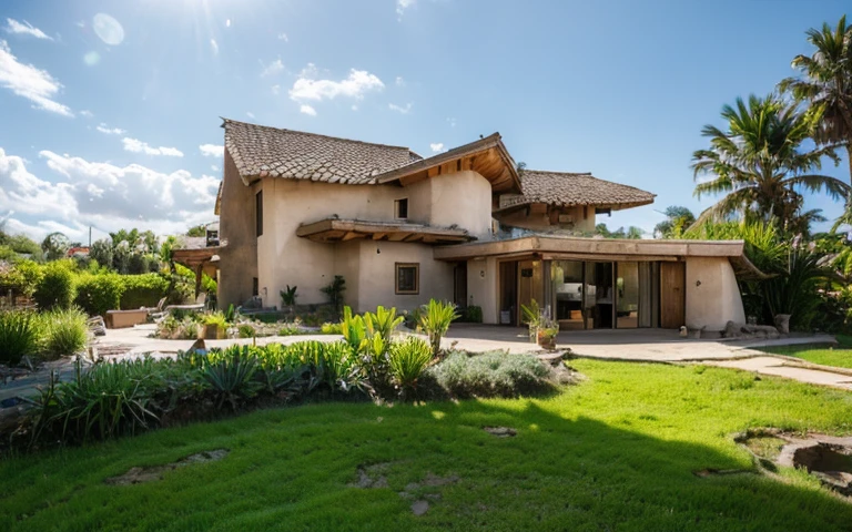 A photograph of a symmetrical contemporary house with rock foundation and (((one hyperbolic paraboloid green roof))) and (((biological pool))) and ((base wall foundation)) in a tropical backyard, with high roof and long eaves, mustard yellow terracota plaster walls (((rustic clay stucco))), ((corner walls rounded)), ((rustic clay plaster)), (((terracotta walls with rounded corners, organic curves))), (((rustic earth plaster, mud))), (((hyperbolic-shaped green roof with wooden edge))), (((wooden roof structure, wooden rake, wooden fascia board))), eaves, ((roof with wooden structure)), In Bahia (((tropical garden))), ((natural houses, organic buildings, organic architecture)), ecovillage, sustainable architecture, bioconstruction architecture, solarpunk architecture, (((grass roof, green roof, green wave roof, rounded roof, vegetated roofs))), (((rock base foundation wall, foundation height 30cm, stone base wall 30cm high))), ((green architecture)), passive house, clear sky in the background, painful beauty, modern, imposing, green house, ((Bali hobbit Hadid Style)), super resolution, cinematic, color grading, editorial photography, photography, photo shoot, (((dramatic front eye top angle view))), O 50mm, depth of field, intricate details, natural colors, sharp focus, warm light, shutter speed 1/1000, F/22, White Balance, Ray Trace Reflections, Lumen Reflections, Screen Space Reflections, Diffraction Rating, Chromatic Aberration, GB Shift, Partial Lighting, Backlighting, Daylighting, Scan Lines, ambient occlusion, antialiasing, shaders, OpenGL-Shaders, GLSL-Shaders, Post-processing, post-production, shading, tone mapping, incredibly detailed and complex, hypermaximalist, elegant, hyperrealistic, super detailed, dynamic pose, Fujifilm XT