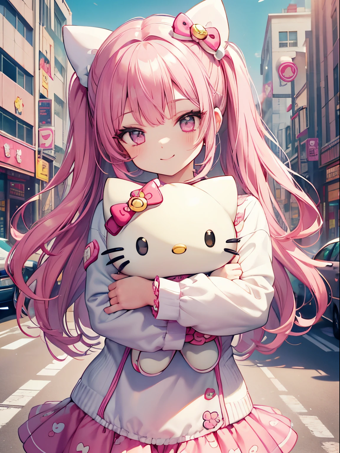 best quality, 4K wallpaper, masterpiece, extremely detailed CG unity 8k wallpaper, extremely detailed eyes, ultra-detailed, intricate details, 
1girl, (h1c4tt3ch poastcard), hugging hello kitty doll, neon city happy, smile, hello kitty, adorable, cute, dynamic pose