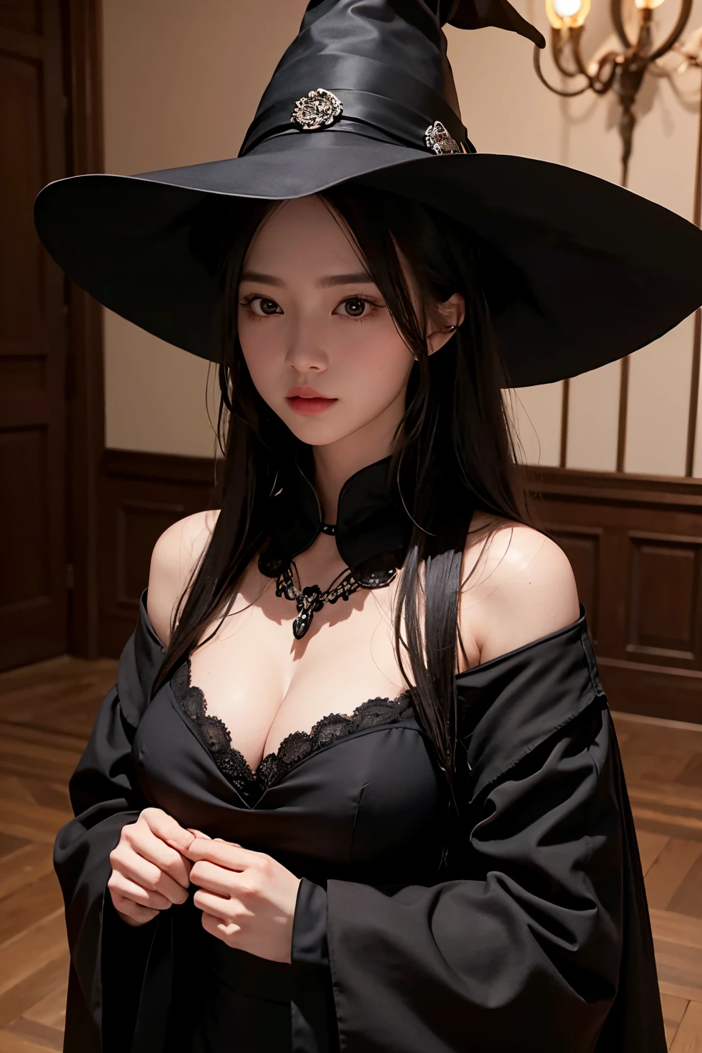 1girl、Western-style building at night、Chandelier light、The upper part of the body、a closeup、4k、masterpiece、realisitic、Photorealsitic、Black dress、Wearing a black coat、Wearing a witch's hat