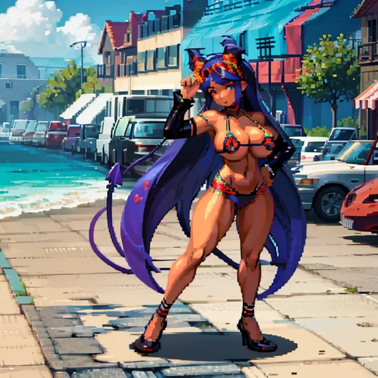 Mujer demonio, cabello rosado, micro bikini, alas de demonio en la espalda, cuerpo voluptuosa, sexy, medias largas, piernas abiertas