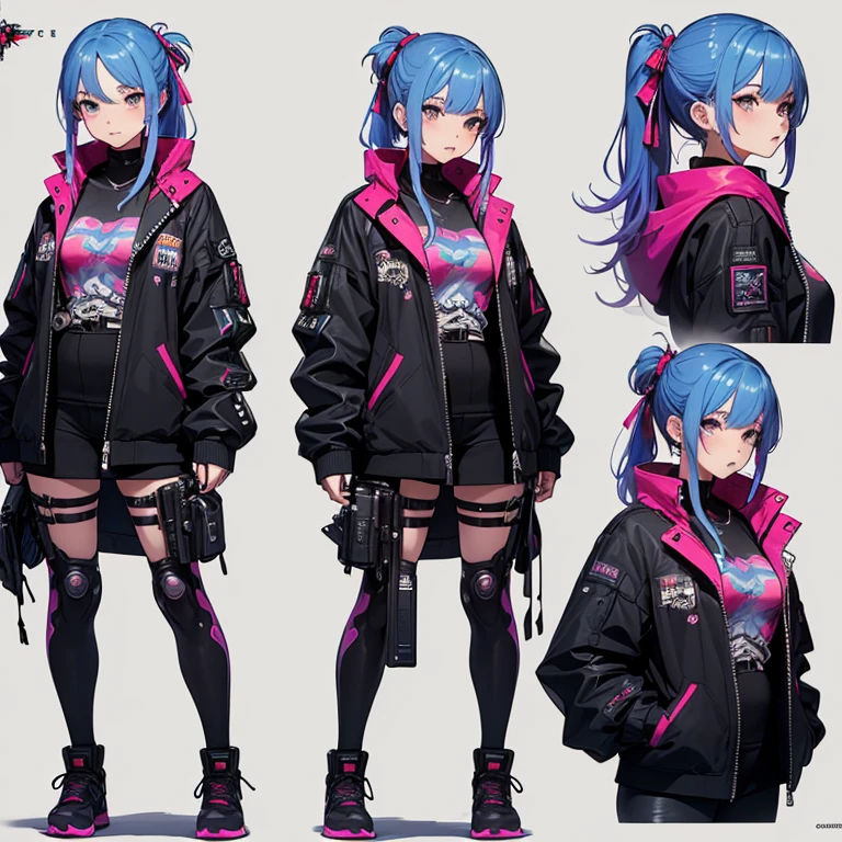 ((Masterpiece, Highest quality)), Detailed face, ((CharacterDesignSheet))， full bodyesbian, Full of details, Multiple poses and expressions, Highly detailed, Depth, ((beautiful Cyberpunk girl))，dressed in ((Harajuku street clothes, tech jacket)) double-ponytail，((colorful Cyberpunk hairstyle)), extremely beautiful，High Balance, NSFW