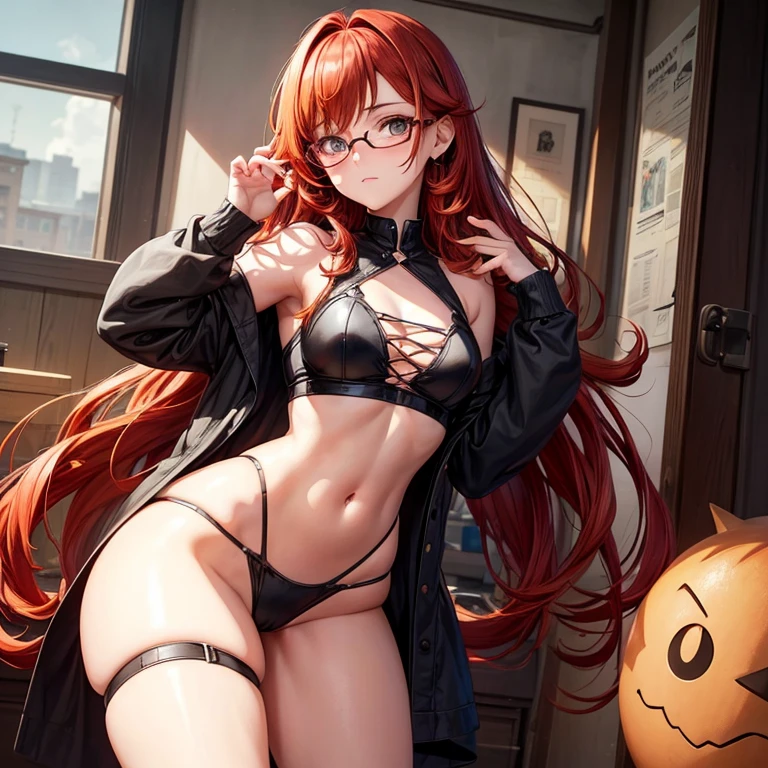 Can you draw an illustration of a nerdy but emo girl with small breasts, and large thighs? She has short ginger red curls cascading onto her shoulders along with dark brown eyes. The girl also includes thick black round glasses. Make her in a lewd pose and with an anxious and shy expression. Make her also look young