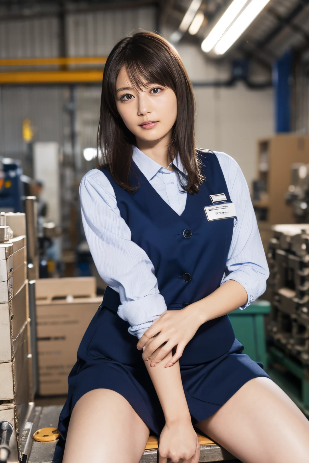 a women, factory clerk, wearing work clothes, skirt, panties, straddling to hit her crotch on exposed pipe, open legs, raise leg, masturbation, ecstasy, in the factory, machines, ceiling, nameplate, id card