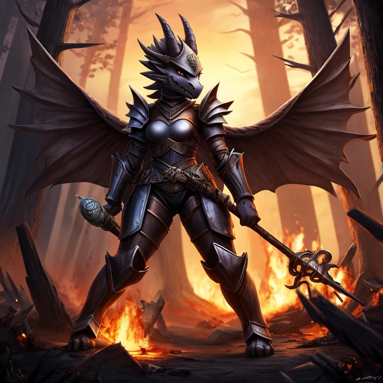 female, black kobold, short, small breasts, thin body, sexy heavy metal armor, wings spread, holding mace, fighting war, burning forest, dusk masterpiece, fantasy, high quality,