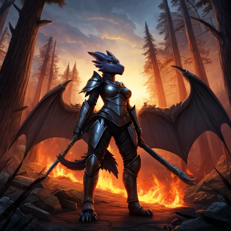 female, black kobold, short, small breasts, thin body, leather armor, wings spread, holding mace, fighting war, burning forest, dusk masterpiece, fantasy, high quality,