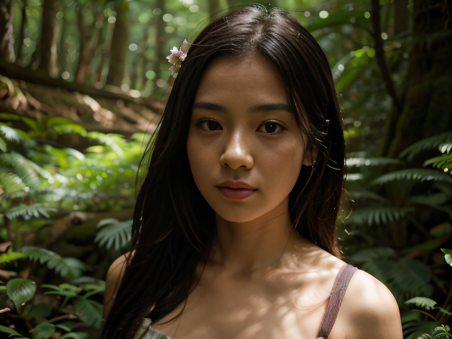 A film still of Kasumi Arimura wearing bikini try to escape from the dark forest, horror theme, scared face,