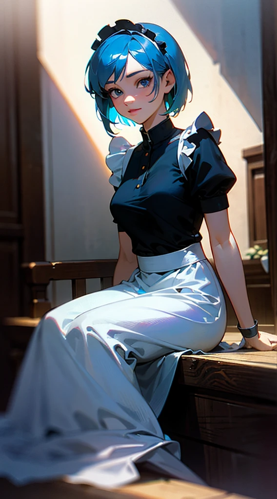 RAW, professional photograph, medium shot, photorealistic, realistic lights, realistic shadows, hyper-realistic, ray tracing, super detail, UHD, 8k, female, twenty years old, athletic body, soft facial features, short hair, straight hair, light blue hair, blue eyes, maid clothes, winter, medieval bedroom, medieval town