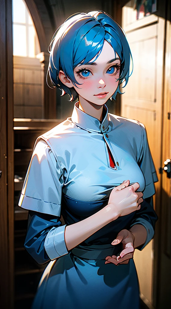 RAW, professional photograph, medium shot, photorealistic, realistic lights, realistic shadows, hyper-realistic, ray tracing, super detail, UHD, 8k, female, twenty years old, athletic body, soft facial features, short hair, straight hair, light blue hair, blue eyes, maid clothes, winter, medieval bedroom, medieval town