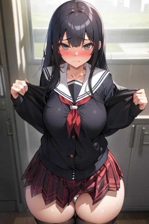 embarrassed girl, school uniform, a balloon between thighs under plaid skirt, with thick thighs exposed in snug thigh highs