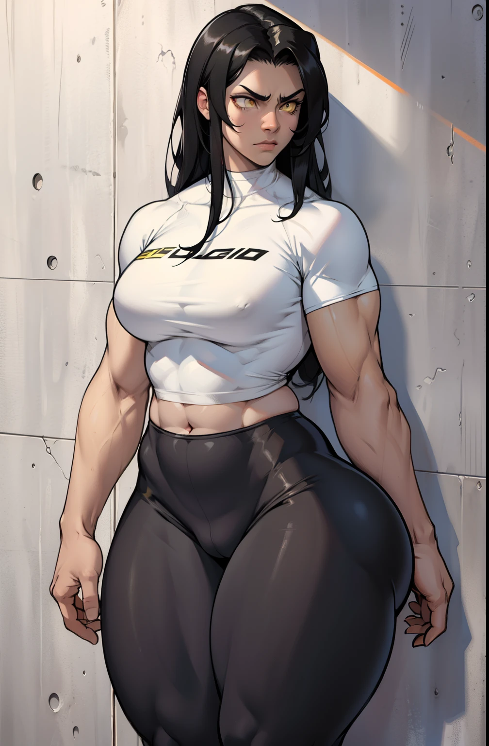 1girl muscular pale skin black hair yellow eyes black against wall frown tight shirt leggings thick thick thick thick muscular muscular muscular muscular muscular