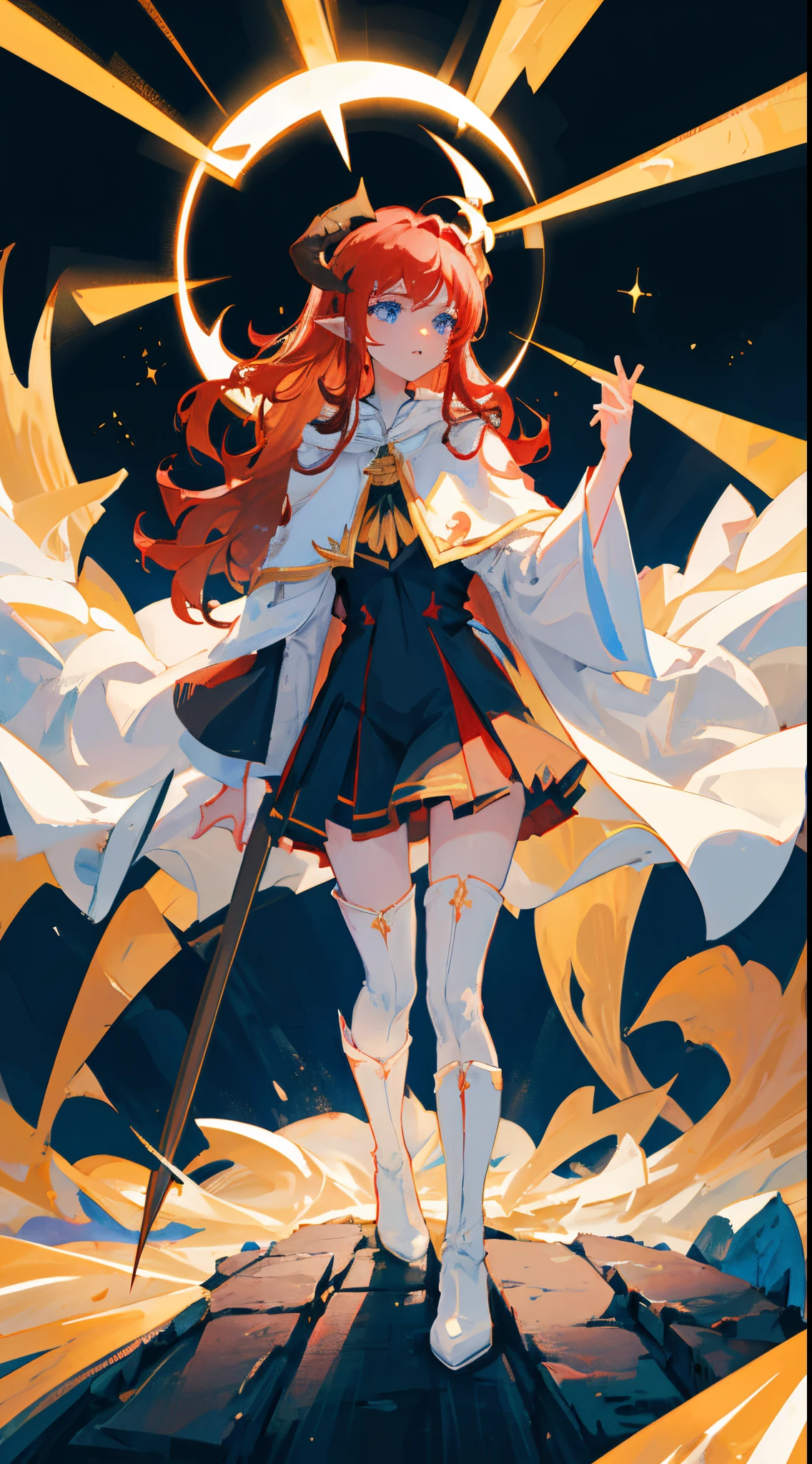 Beautiful girl, big breasts, red hair, long hair, wavy hair, white skin, blue eyes, long horns, black horns, pointy ears, white cape, long cape, white hood, black leotard, holding a mage staff, mage staff, white boots, black tights, holding a grimoire, grimoire, magic, casting a black hole, blackhole background, glowing background, background lighting, background yellow lighting, fantasy