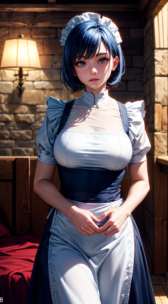 RAW, professional photograph, medium shot, photorealistic, realistic lights, realistic shadows, hyper-realistic, ray tracing, super detail, UHD, 8k, female, twenty years old, athletic body, soft facial features, short hair, straight hair, light blue hair, blue eyes, maid clothes, winter, medieval bedroom, medieval town