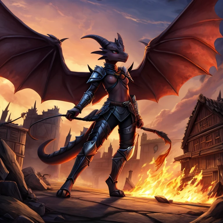 female, black kobold, short, small breasts, thin body, sexy leather armor, wings spread, holding whip, fighting, burning town, dusk masterpiece, fantasy, high quality,