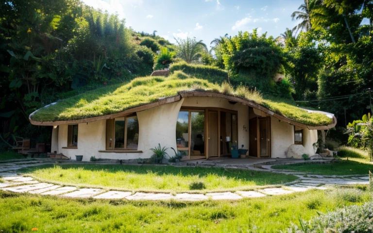 A photograph of a symmetrical contemporary house with (((one hyperbolic paraboloid green roof))) and (((biological pool))) and ((base wall foundation)) in a tropical backyard, mustard yellow terracota plaster walls (((rustic clay stucco))), ((corner walls rounded)), ((rustic clay plaster)), (((terracotta walls with rounded corners, organic curves))), (((rustic earth plaster, mud))), (((hyperbolic-shaped green roof with wooden edge))), (((wooden roof structure, wooden rake, wooden fascia board))), eaves, ((roof with wooden structure)), In Bahia (((tropical garden))), ((natural houses, organic buildings, organic architecture)), ecovillage, sustainable architecture, bioconstruction architecture, solarpunk architecture, (((grass roof, green roof, green wave roof, rounded roof, vegetated roofs))), (((rock base foundation wall, foundation height 30cm, stone base wall 30cm high))), ((green architecture)), passive house, clear sky in the background, painful beauty, modern, imposing, green house, ((Bali hobbit Hadid Style)), super resolution, cinematic, color grading, editorial photography, photography, photo shoot, (((dramatic front eye top angle view))), O 50mm, depth of field, intricate details, natural colors, sharp focus, warm light, shutter speed 1/1000, F/22, White Balance, Ray Trace Reflections, Lumen Reflections, Screen Space Reflections, Diffraction Rating, Chromatic Aberration, GB Shift, Partial Lighting, Backlighting, Daylighting, Scan Lines, ambient occlusion, antialiasing, shaders, OpenGL-Shaders, GLSL-Shaders, Post-processing, post-production, shading, tone mapping, incredibly detailed and complex, hypermaximalist, elegant, hyperrealistic, super detailed, dynamic pose, Fujifilm XT