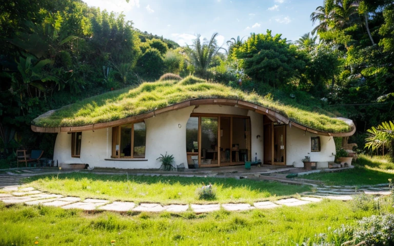 A photograph of a symmetrical contemporary house with (((one hyperbolic paraboloid green roof))) and (((biological pool))) and ((base wall foundation)) in a tropical backyard, mustard yellow terracota plaster walls (((rustic clay stucco))), ((corner walls rounded)), ((rustic clay plaster)), (((terracotta walls with rounded corners, organic curves))), (((rustic earth plaster, mud))), (((hyperbolic-shaped green roof with wooden edge))), (((wooden roof structure, wooden rake, wooden fascia board))), eaves, ((roof with wooden structure)), In Bahia (((tropical garden))), ((natural houses, organic buildings, organic architecture)), ecovillage, sustainable architecture, bioconstruction architecture, solarpunk architecture, (((grass roof, green roof, green wave roof, rounded roof, vegetated roofs))), (((rock base foundation wall, foundation height 30cm, stone base wall 30cm high))), ((green architecture)), passive house, clear sky in the background, painful beauty, modern, imposing, green house, ((Bali hobbit Hadid Style)), super resolution, cinematic, color grading, editorial photography, photography, photo shoot, (((dramatic front eye top angle view))), O 50mm, depth of field, intricate details, natural colors, sharp focus, warm light, shutter speed 1/1000, F/22, White Balance, Ray Trace Reflections, Lumen Reflections, Screen Space Reflections, Diffraction Rating, Chromatic Aberration, GB Shift, Partial Lighting, Backlighting, Daylighting, Scan Lines, ambient occlusion, antialiasing, shaders, OpenGL-Shaders, GLSL-Shaders, Post-processing, post-production, shading, tone mapping, incredibly detailed and complex, hypermaximalist, elegant, hyperrealistic, super detailed, dynamic pose, Fujifilm XT
