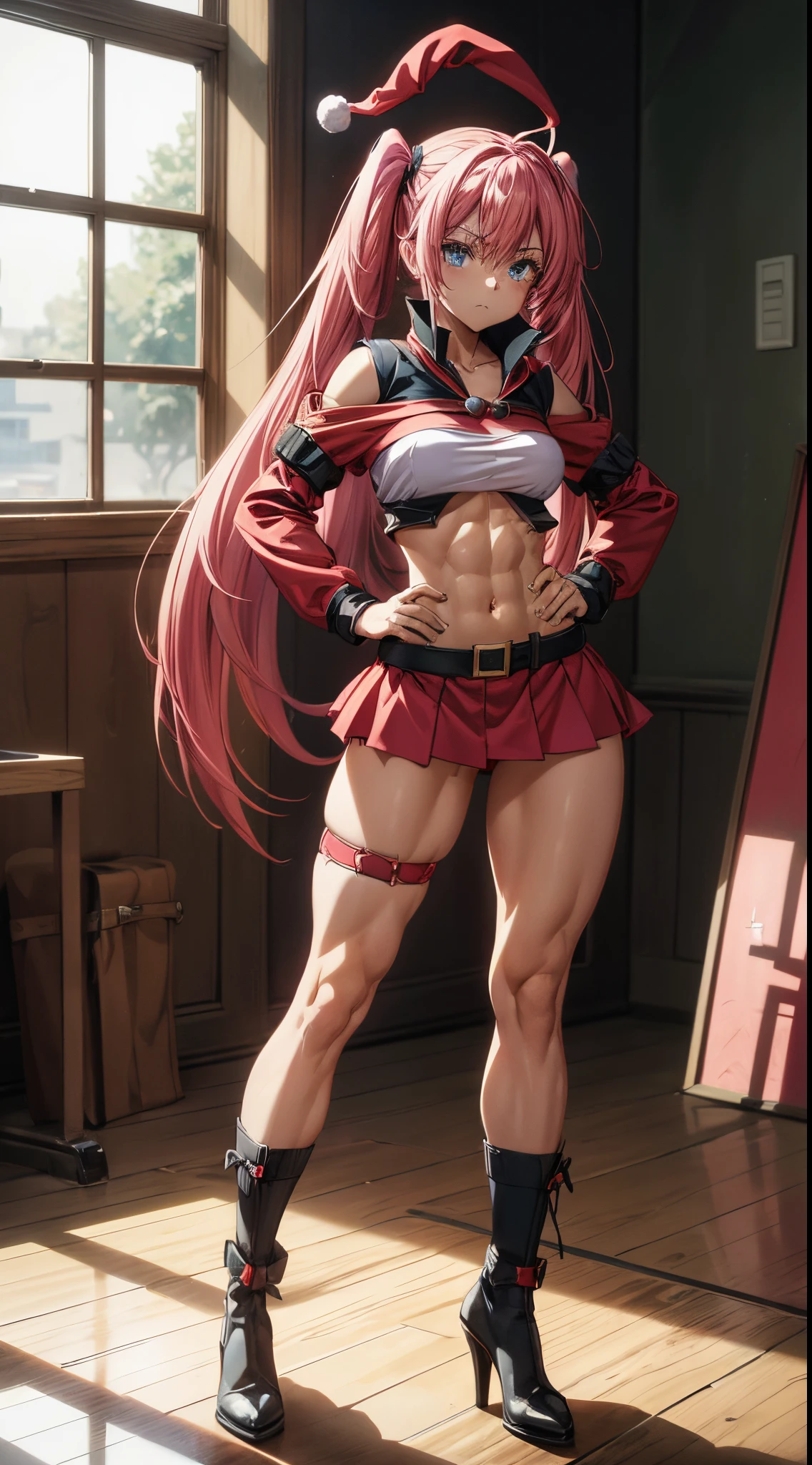 (((1 girl))), wearing Santa Claus hat, (Milim Nava de tensei shitara slime), (pink hair twintails), (blue eyes), medium chest, (((wearing a sexy red Santa Claus outfit with a beautiful short skirt))), (((full body view))), (in a motel room), (((beautiful, muscular legs))), thin waist, muscles on the abdomen, full body photo, red high heel shoes, hands on hips, (grumpy), (((grumpy))), (HDR) , eye reflection, outstretched eyes, outstretched eyes, Moody, anime, minimalism, anime style, ray tracing , cinematic lighting, cinematic lighting, glare, shine, JPEG artifacts, bright light, divine rays, ray tracing, drop shadow, panorama, Sony FE, from behind, underneath, underneath, UHD, master piece, precise, accurate , anatomically correct, super detailed, high quality, best quality, very high, 16k