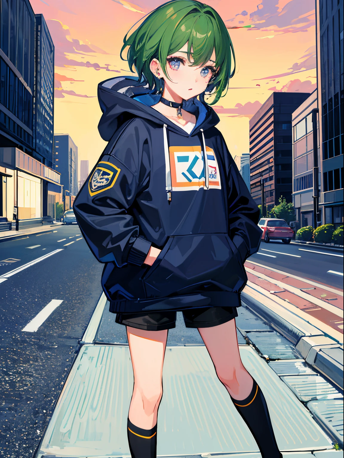 8k resolution、((topquality))、((tmasterpiece))、((ultra-detailliert))、1 woman、report、Unbelievable absurdity、Oversized sweatshirts、short-cut hair、vivid eyes、hands in pocket、short pants、A masterpiece made from water drops、1 woman、Parka、earphones、Street、En plein air、Sateen、Neons、