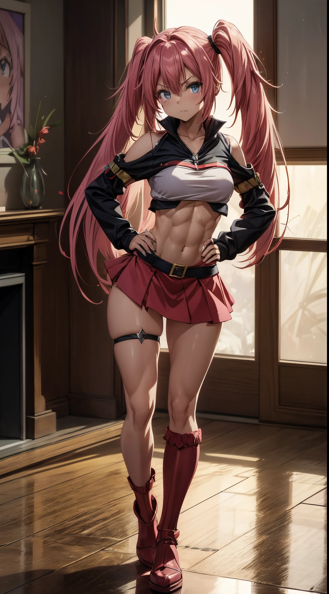 (((1 girl))), wearing Santa Claus hat, (Milim Nava de tensei shitara slime), (pink hair twintails), (blue eyes), medium chest, (((wearing a sexy red Santa Claus outfit with a beautiful short skirt))), (((full body view))), (in a motel room), (((beautiful, muscular legs))), thin waist, muscles on the abdomen, full body photo, red high heel shoes, hands on hips, (grumpy), (((grumpy))), (HDR) , eye reflection, outstretched eyes, outstretched eyes, Moody, anime, minimalism, anime style, ray tracing , cinematic lighting, cinematic lighting, glare, shine, JPEG artifacts, bright light, divine rays, ray tracing, drop shadow, panorama, Sony FE, from behind, underneath, underneath, UHD, master piece, precise, accurate , anatomically correct, super detailed, high quality, best quality, very high, 16k