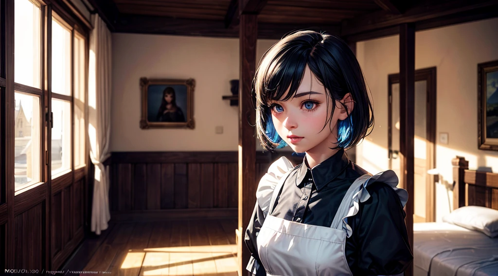 RAW, professional photograph, medium shot, photorealistic, realistic lights, realistic shadows, hyper-realistic, ray tracing, super detail, UHD, 8k, female, twenty years old, athletic body, soft facial features, short hair, straight hair, light blue hair, blue eyes, maid clothes, winter, medieval bedroom, medieval town