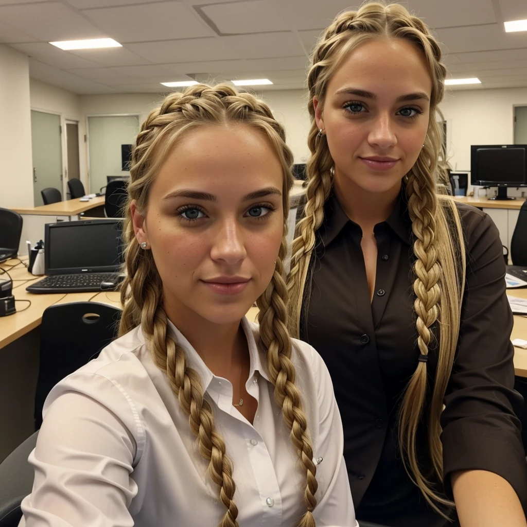 "Imagine a selfie of a friendly 27-year-old AmerICAN crypto trader. She has short,neatly plaited and braided BLONDE hair, striking brown eyes, working in an office professionally dressed and smart sexy