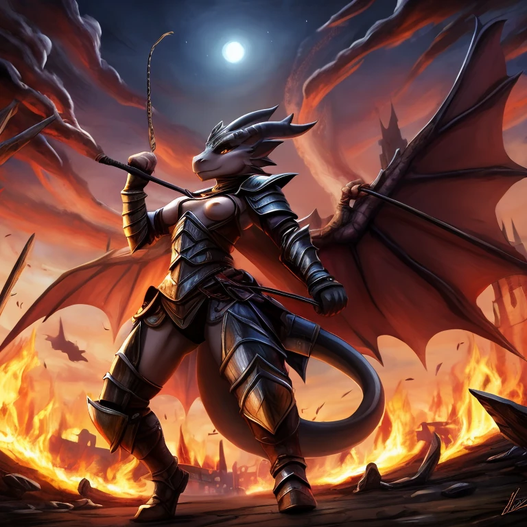 female, black kobold, short, small ???????, thin body, ????,  leather armor, wings spread, holding whip, fighting, burning town, dusk masterpiece, fantasy, high quality,
