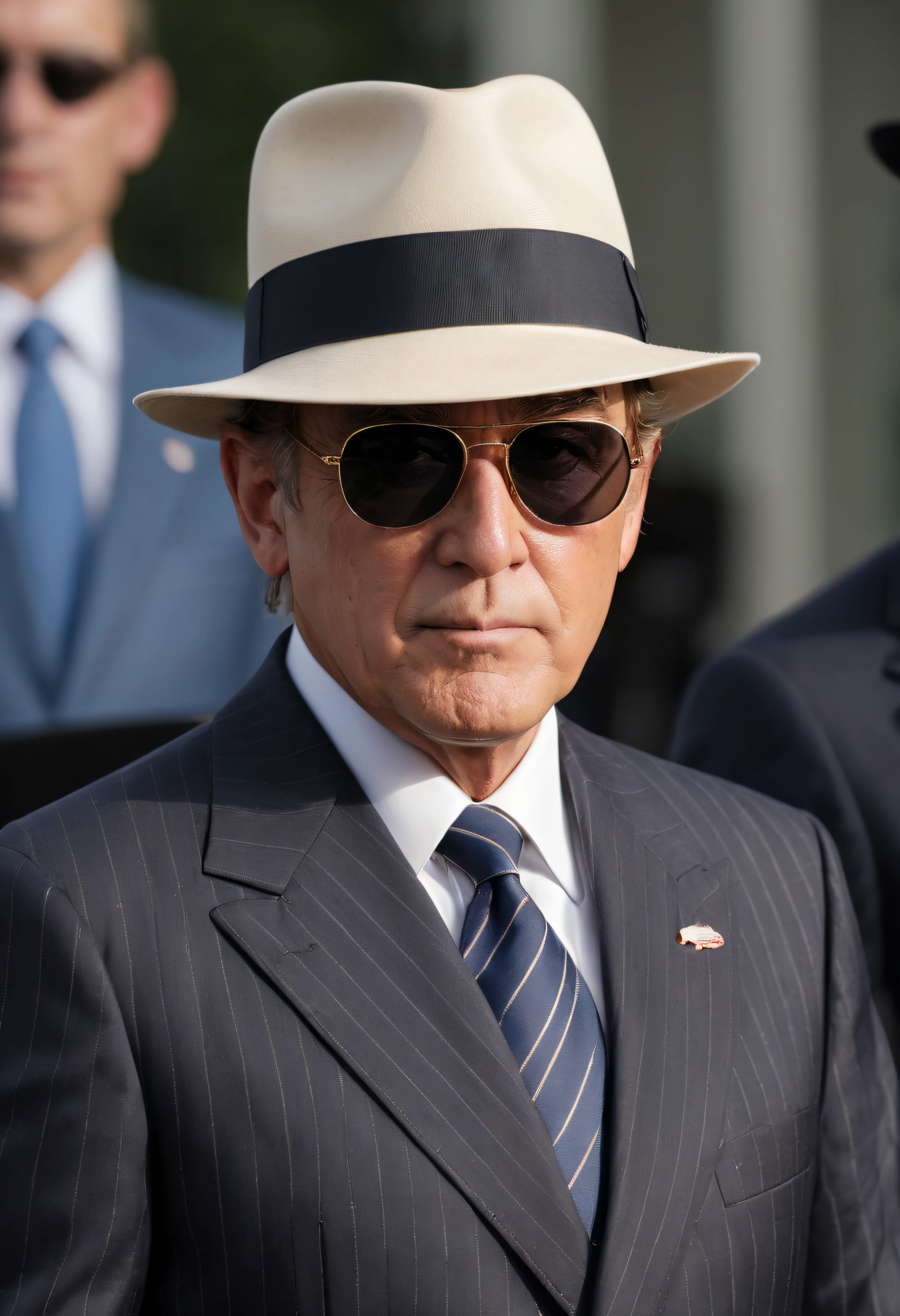 The President of the United States of America wearing a pin stripe suit, a fedora, sunglasses,