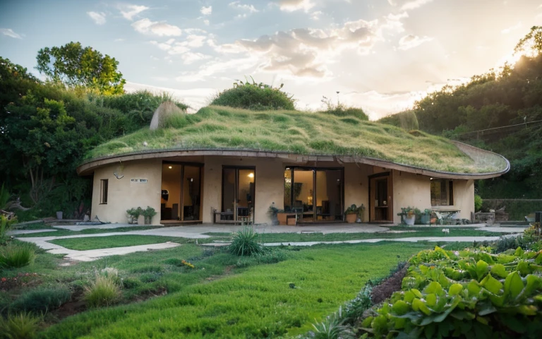A photograph of a symmetrical contemporary house with rock foundation and (((one hyperbolic paraboloid green roof))) and (((biological pool))) and ((base wall foundation)) in a tropical backyard, with high roof and long eaves, mustard yellow terracota plaster walls (((rustic clay stucco))), ((corner walls rounded)), ((rustic clay plaster)), (((terracotta walls with rounded corners, organic curves))), (((rustic earth plaster, mud))), (((hyperbolic-shaped green roof with wooden edge))), (((wooden roof structure, wooden rake, wooden fascia board))), eaves, ((roof with wooden structure)), In Bahia (((tropical garden))), ((natural houses, organic buildings, organic architecture)), ecovillage, sustainable architecture, bioconstruction architecture, solarpunk architecture, (((grass roof, green roof, green wave roof, rounded roof, vegetated roofs))), (((rock base foundation wall, foundation height 30cm, stone base wall 30cm high))), ((green architecture)), passive house, clear sky in the background, painful beauty, modern, imposing, green house, ((Bali hobbit Hadid Style)), super resolution, cinematic, color grading, editorial photography, photography, photo shoot, (((dramatic front eye top angle view))), O 50mm, depth of field, intricate details, natural colors, sharp focus, warm light, shutter speed 1/1000, F/22, White Balance, Ray Trace Reflections, Lumen Reflections, Screen Space Reflections, Diffraction Rating, Chromatic Aberration, GB Shift, Partial Lighting, Backlighting, Daylighting, Scan Lines, ambient occlusion, antialiasing, shaders, OpenGL-Shaders, GLSL-Shaders, Post-processing, post-production, shading, tone mapping, incredibly detailed and complex, hypermaximalist, elegant, hyperrealistic, super detailed, dynamic pose, Fujifilm XT