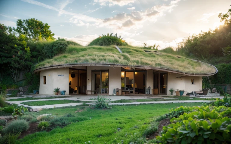 A photograph of a symmetrical contemporary house with rock foundation and (((one hyperbolic paraboloid green roof))) and (((biological pool))) and ((base wall foundation)) in a tropical backyard, with high roof and long eaves, mustard yellow terracota plaster walls (((rustic clay stucco))), ((corner walls rounded)), ((rustic clay plaster)), (((terracotta walls with rounded corners, organic curves))), (((rustic earth plaster, mud))), (((hyperbolic-shaped green roof with wooden edge))), (((wooden roof structure, wooden rake, wooden fascia board))), eaves, ((roof with wooden structure)), In Bahia (((tropical garden))), ((natural houses, organic buildings, organic architecture)), ecovillage, sustainable architecture, bioconstruction architecture, solarpunk architecture, (((grass roof, green roof, green wave roof, rounded roof, vegetated roofs))), (((rock base foundation wall, foundation height 30cm, stone base wall 30cm high))), ((green architecture)), passive house, clear sky in the background, painful beauty, modern, imposing, green house, ((Bali hobbit Hadid Style)), super resolution, cinematic, color grading, editorial photography, photography, photo shoot, (((dramatic front eye top angle view))), O 50mm, depth of field, intricate details, natural colors, sharp focus, warm light, shutter speed 1/1000, F/22, White Balance, Ray Trace Reflections, Lumen Reflections, Screen Space Reflections, Diffraction Rating, Chromatic Aberration, GB Shift, Partial Lighting, Backlighting, Daylighting, Scan Lines, ambient occlusion, antialiasing, shaders, OpenGL-Shaders, GLSL-Shaders, Post-processing, post-production, shading, tone mapping, incredibly detailed and complex, hypermaximalist, elegant, hyperrealistic, super detailed, dynamic pose, Fujifilm XT