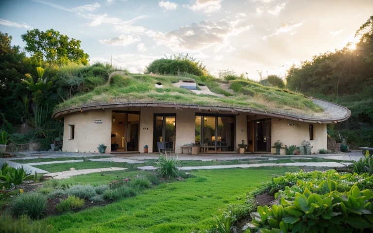 A photograph of a symmetrical contemporary house with rock foundation and (((one hyperbolic paraboloid green roof))) and (((biological pool))) and ((base wall foundation)) in a tropical backyard, with high roof and long eaves, mustard yellow terracota plaster walls (((rustic clay stucco))), ((corner walls rounded)), ((rustic clay plaster)), (((terracotta walls with rounded corners, organic curves))), (((rustic earth plaster, mud))), (((hyperbolic-shaped green roof with wooden edge))), (((wooden roof structure, wooden rake, wooden fascia board))), eaves, ((roof with wooden structure)), In Bahia (((tropical garden))), ((natural houses, organic buildings, organic architecture)), ecovillage, sustainable architecture, bioconstruction architecture, solarpunk architecture, (((grass roof, green roof, green wave roof, rounded roof, vegetated roofs))), (((rock base foundation wall, foundation height 30cm, stone base wall 30cm high))), ((green architecture)), passive house, clear sky in the background, painful beauty, modern, imposing, green house, ((Bali hobbit Hadid Style)), super resolution, cinematic, color grading, editorial photography, photography, photo shoot, (((dramatic front eye top angle view))), O 50mm, depth of field, intricate details, natural colors, sharp focus, warm light, shutter speed 1/1000, F/22, White Balance, Ray Trace Reflections, Lumen Reflections, Screen Space Reflections, Diffraction Rating, Chromatic Aberration, GB Shift, Partial Lighting, Backlighting, Daylighting, Scan Lines, ambient occlusion, antialiasing, shaders, OpenGL-Shaders, GLSL-Shaders, Post-processing, post-production, shading, tone mapping, incredibly detailed and complex, hypermaximalist, elegant, hyperrealistic, super detailed, dynamic pose, Fujifilm XT