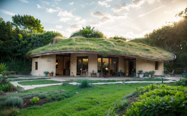 A photograph of a symmetrical contemporary house with rock foundation and (((one hyperbolic paraboloid green roof))) and (((biological pool))) and ((base wall foundation)) in a tropical backyard, with high roof and long eaves, mustard yellow terracota plaster walls (((rustic clay stucco))), ((corner walls rounded)), ((rustic clay plaster)), (((terracotta walls with rounded corners, organic curves))), (((rustic earth plaster, mud))), (((hyperbolic-shaped green roof with wooden edge))), (((wooden roof structure, wooden rake, wooden fascia board))), eaves, ((roof with wooden structure)), In Bahia (((tropical garden))), ((natural houses, organic buildings, organic architecture)), ecovillage, sustainable architecture, bioconstruction architecture, solarpunk architecture, (((grass roof, green roof, green wave roof, rounded roof, vegetated roofs))), (((rock base foundation wall, foundation height 30cm, stone base wall 30cm high))), ((green architecture)), passive house, clear sky in the background, painful beauty, modern, imposing, green house, ((Bali hobbit Hadid Style)), super resolution, cinematic, color grading, editorial photography, photography, photo shoot, (((dramatic front eye top angle view))), O 50mm, depth of field, intricate details, natural colors, sharp focus, warm light, shutter speed 1/1000, F/22, White Balance, Ray Trace Reflections, Lumen Reflections, Screen Space Reflections, Diffraction Rating, Chromatic Aberration, GB Shift, Partial Lighting, Backlighting, Daylighting, Scan Lines, ambient occlusion, antialiasing, shaders, OpenGL-Shaders, GLSL-Shaders, Post-processing, post-production, shading, tone mapping, incredibly detailed and complex, hypermaximalist, elegant, hyperrealistic, super detailed, dynamic pose, Fujifilm XT