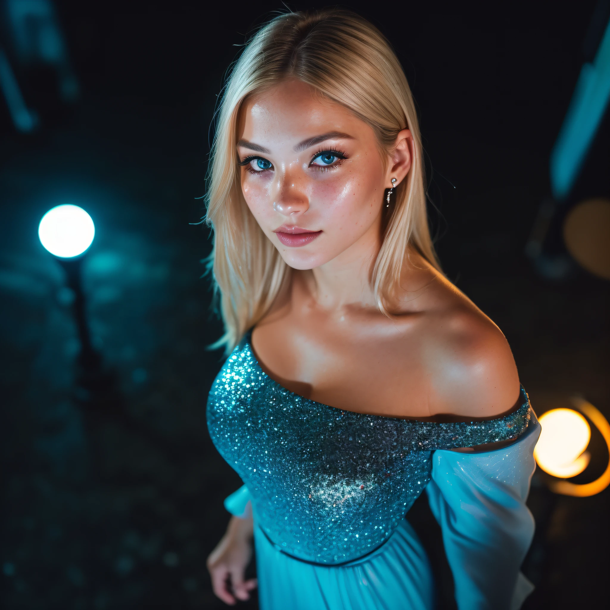 (selfie, top view: 1.4), (straight half of the body: 1.4), RAW UHD portrait photo of a 24-year-old blonde walking down a dark alley, large breasts,, city at night, (dress), (neckline), details (textures! , hair! , glitter, color!! , disadvantages: 1.1), glossy eyes with high detail (looking at the camera), SLR lighting, SLR camera, ultra-quality, sharpness, depth of field, film grain (center), Fujifilm XT3, crystal clear, frame center, beautiful face, sharp focus, street lamp, neon lighting, bokeh (dimly lit), night, (night sky), detailed skin pores, oily skin, sunburn, complex eye details, full body, large breasts