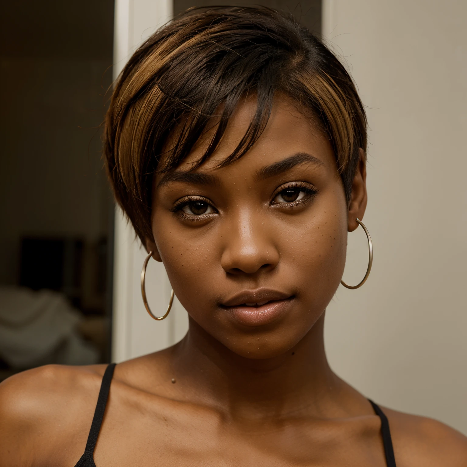 Brown eyed beautiful brown skinned black girl with short blonde hair with thin full lips