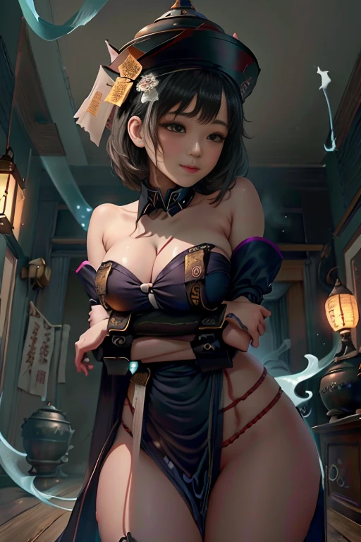 obra-prima, 1girl, solo, cabelo preto, underboob, kalap, light_smile, ofuda, vestido da porcelana, folded arms, corpo inteiro, ao ar livre, lanterna pendurada, noite, higashi setsuna, garota pelada morta