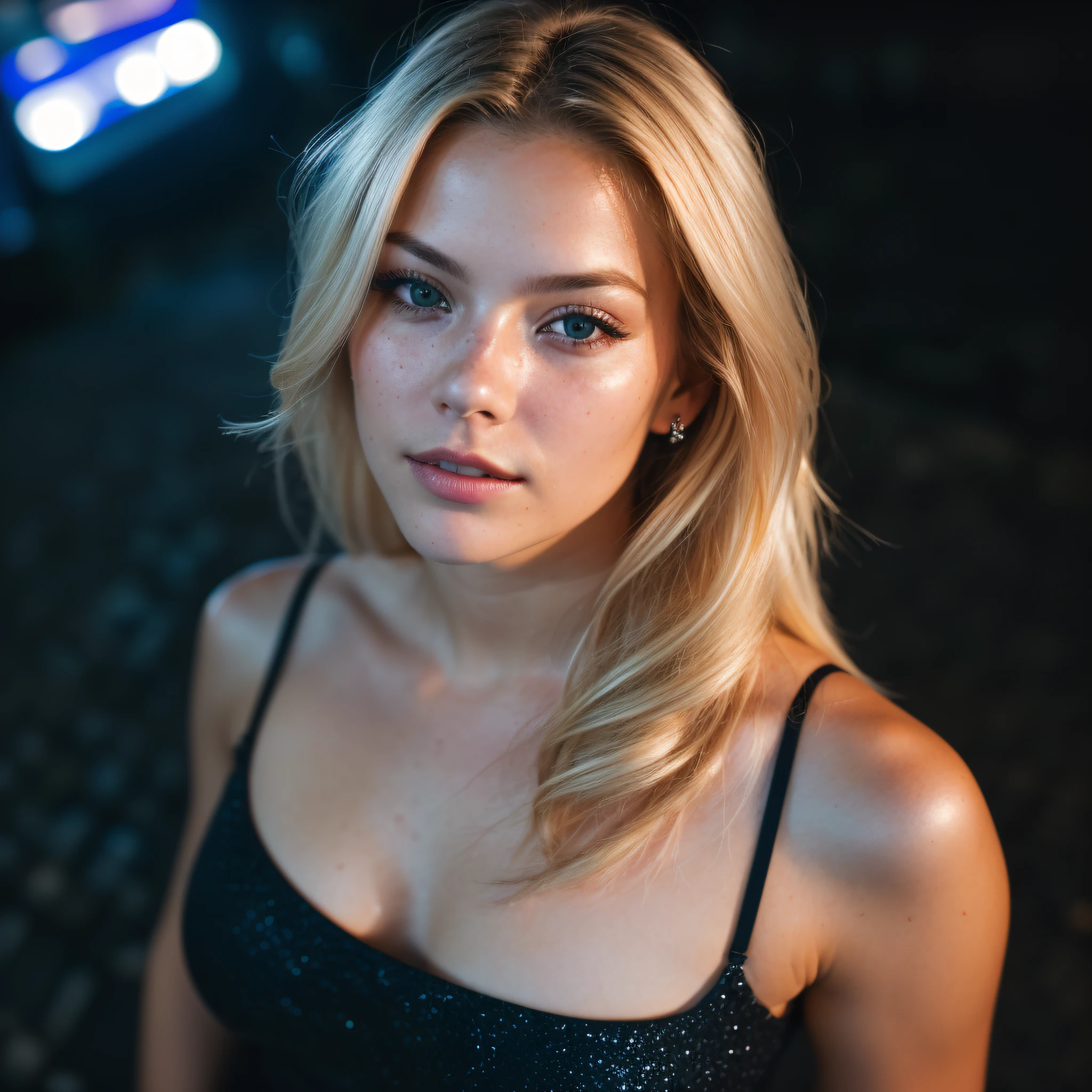 (selfie, top view: 1.4), (straight half of the body: 1.4), RAW UHD portrait photo of a 24-year-old blonde walking down a dark alley, large breasts,, city at night, (dress), (neckline), details (textures! , hair! , glitter, color!! , disadvantages: 1.1), glossy eyes with high detail (looking at the camera), SLR lighting, SLR camera, ultra-quality, sharpness, depth of field, film grain (center), Fujifilm XT3, crystal clear, frame center, beautiful face, sharp focus, street lamp, neon lighting, bokeh (dimly lit), night, (night sky), detailed skin pores, oily skin, sunburn, complex eye details, full body, large breasts
