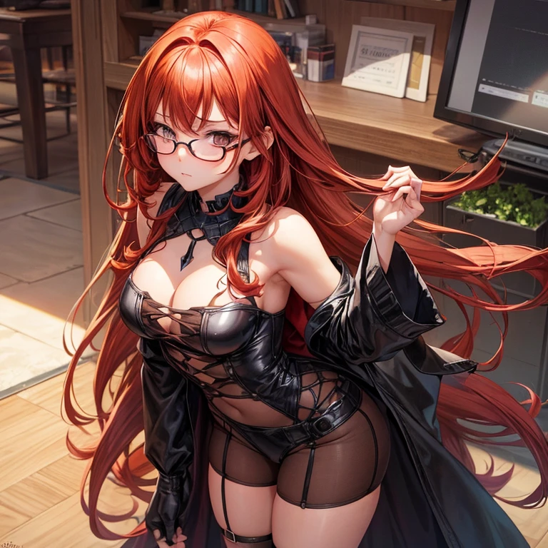 Can you draw an illustration of a nerdy but emo girl with small breasts,  and large thighs? She has short ginger red curls cascading onto her shoulders along with dark brown eyes. The girl also includes thick black round glasses. Make her in a sexual pose and with an anxious and shy expression. Make her also look young