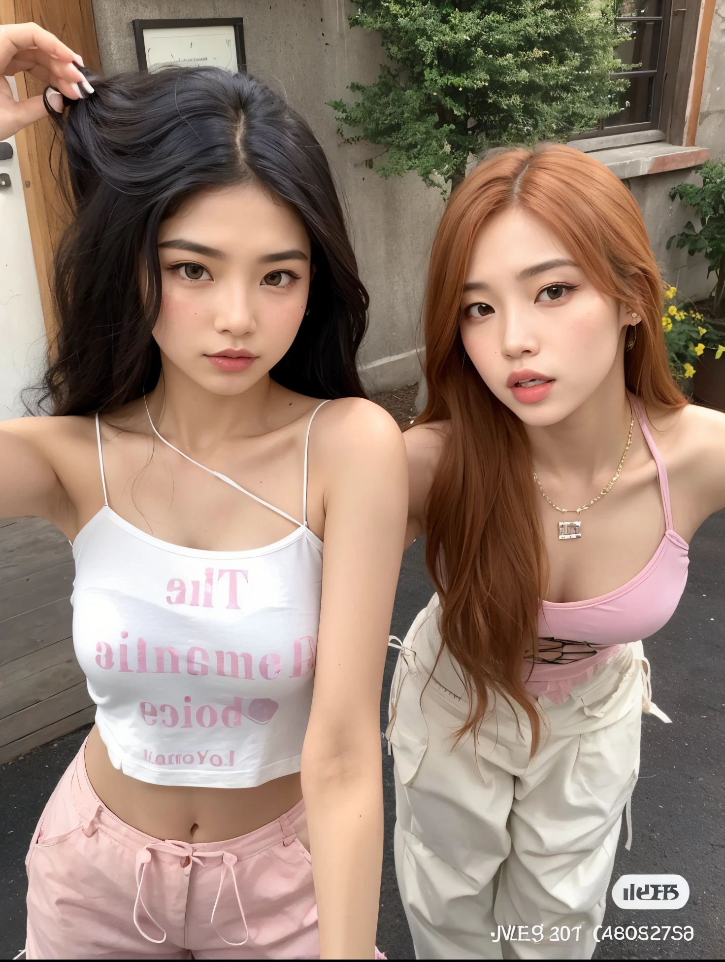 Two Asian women posing for a photo in front of a building, Ulzzang, rosa preto, Jinyoung Canela, jossi do rosa preto, Modelo do Instagram, 2 cores, Duas meninas, dois modelos no quadro, meninas fofas, E - Menina, e-menina, Topo de colheita, Parque Roseanne do Blackpink, jennie rosa preto, topo de corte, 2 0 2 0 moda
