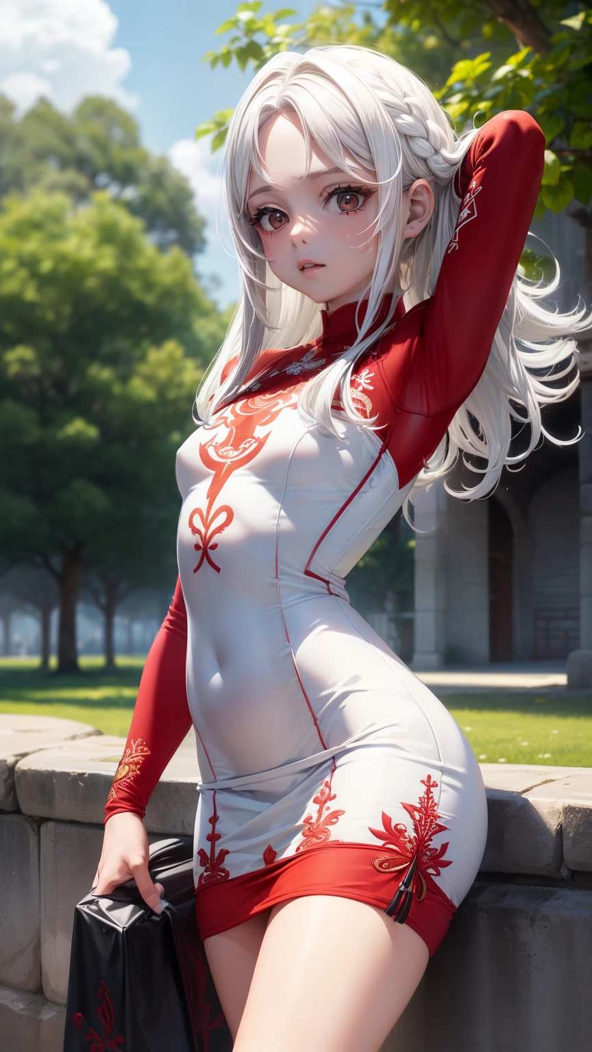 1girl, realistic, extremely detailed, petite, small, red eyes, looking at viewer,(long white hair),(satisfied expression:1.2), bending fowards, hands on knees,(panting),(blushing:1.3), on grass field,(tight clothes:1.3),(thick legs:1.6),(wide hips:1.2)