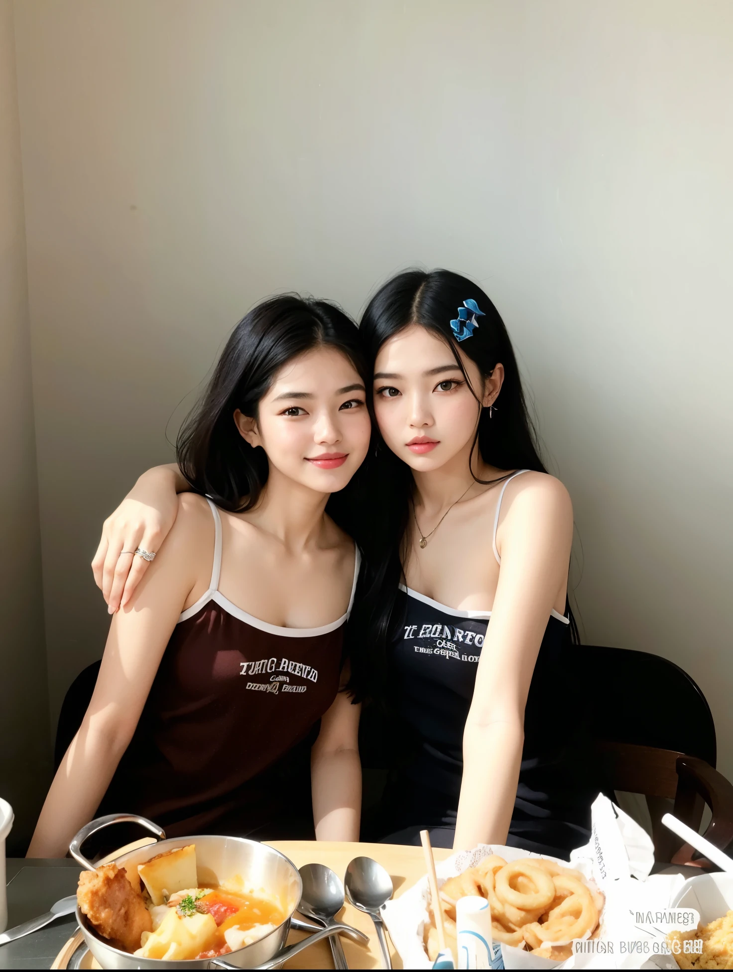 two women sitting at the table with food and drink, foto de perfil, Ulzzang, com preto, dois modelos no quadro, Duas meninas, Jaeyeon Nam, #Oc, # Oc, meninas fofas, Beautiful girls, with a twin, Sha Xi, Modelo de moda feminina coreana, 2 0 2 0 moda, com hera, lovely and cute, Modelo do Instagram