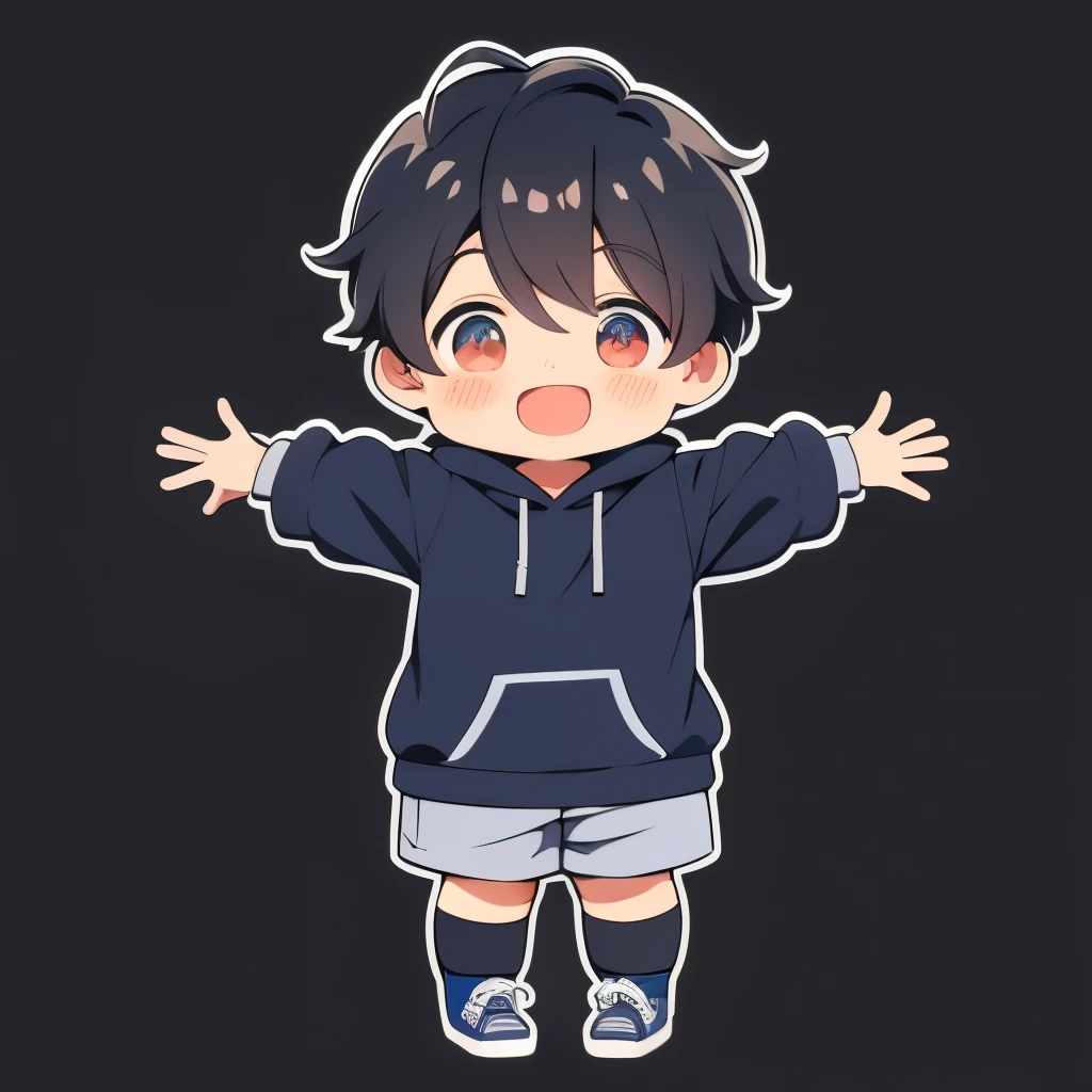 Reaping、Brown hair、shoun、shoun,twinks、Very short、1 persons,short-haired, report, (twitch emote:1), Chibi, Black eyes, comic strip, man、white backgrounid, a sticker, Thick black outline,、short-haired、、full body Esbian、Blue shorts、short-haired、Cool、Mini、Blue shortlack hoodie、Purple Socks、Chibi Chara.Have a game、short-haired、Male child、with light gg、gamer、A smile、action、Short, full pose